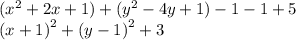 ( {x}^{2} + 2x + 1) + ( {y}^{2} - 4y + 1) - 1 - 1 + 5 \\ {(x + 1)}^{2} + {(y - 1)}^{2} + 3 \\