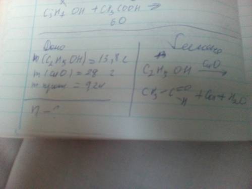 M(c2h5oh)=13.8g + m(cuo)=28g m практ.альдегіду=9.24g знайти масову частку выходу (ета)