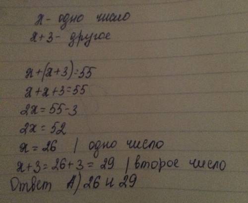 Сумма двух чисел равно 55.одно из них 3 меньше другого.)26и29..б)))33и22
