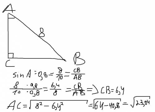 Втреугольнике авс угол с равен 90 градусов, ав = 8, sin а = 0,8. найдите длину стороны ас.
