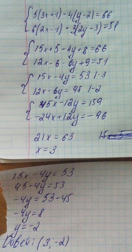 Решите систему уравнений сложения: 5(3x+1)-4(y-2)=66 6(2x-1)-3(2y-3)=51