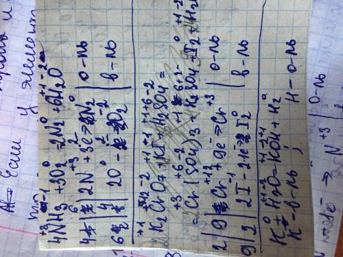 Nh3+o2=n2+h2o k2cro7+ki+h2so4=cr(so4)3+k2so4+i2+h2o k+h2o=koh+h2 ,, расставить методом электронного