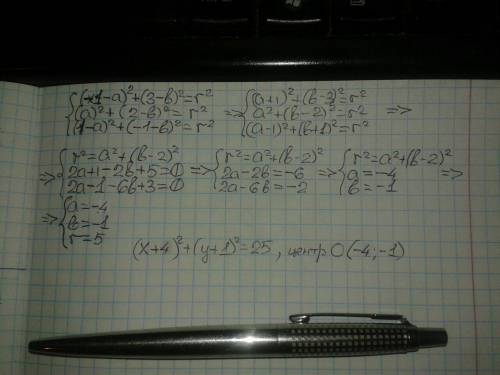 Через точки a(−1, 3), b(0, 2), c(1, −1) изображена окружность, найти цент огружности и луч