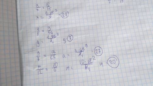 Решите пропорцию: а) 9/х=5/15 б)1/8=у/56 в)3/7=а/63 г)m/12=10/6