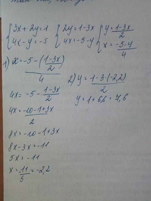 Решите систему уравнений методом сложения 3х + 2у = 1; 4х - у = -5