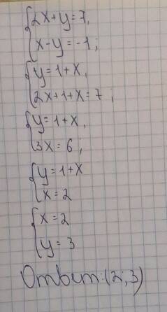 Решите систему уравнений методом подстановки 2х + у= 7 х - у = -1