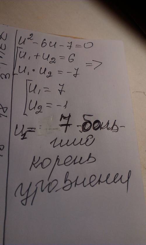 Найти корни уравнения: u^2−6u−7=0 ответ: u1= u2= (первым впиши больший корень) !