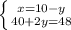 \left \{ {{x=10-y} \atop {40+2y=48}} \right.