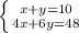 \left \{ {{x+y=10} \atop {4x+6y=48}} \right.