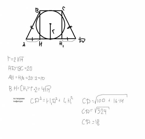 Вравнобедренной трапеции разность оснований равна 20 см. радиус вписанной в нее окружности равен 2ко