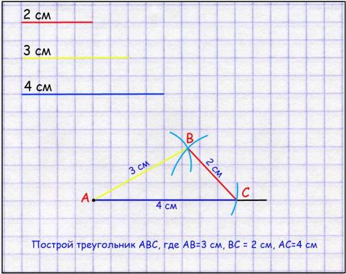 Построй треугольник abc,где ab=3 см,bc = 2 см,ac=4 см