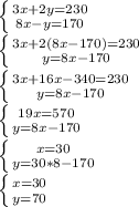 \left \{ {{3x+2y=230} \atop {8x-y=170}} \right. \\ \left \{ {{3x+2(8x-170)=230} \atop {y=8x-170}} \right.\\ \left \{ {{3x+16x-340=230} \atop {y=8x-170}} \right.\\ \left \{ {{}19x=570 \atop {y=8x-170}} \right. \\ \left \{ {{x=30} \atop {y=30*8-170}} \right.\\ \left \{ {{x=30} \atop {y=70}} \right.