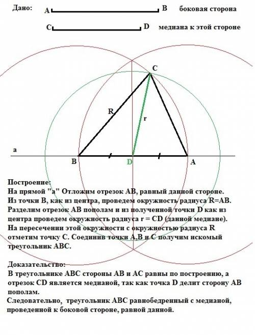 Постройте равнобедренный треугольник по боковой стороне и медиане, проведенной к ней.