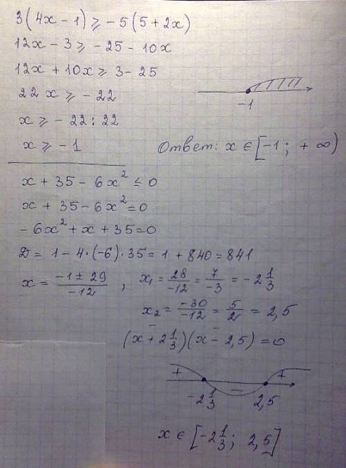 Решите неравенство 1)3(4x-1)больше или равно-5(5+2x) 2)x+35-6x^2меньше или равно 0