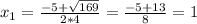 x_1= \frac{-5+ \sqrt{169} }{2*4} = \frac{-5+ 13 }{8} = 1