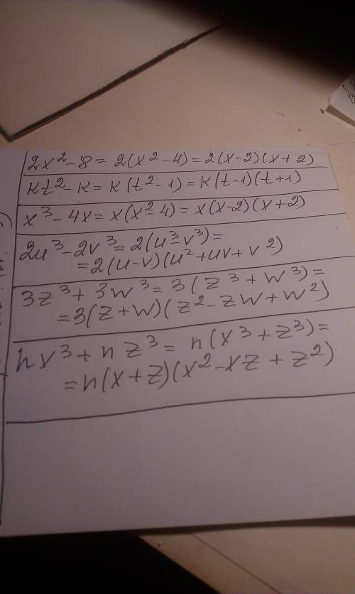 #1 a). 2x^2-8 в). kt^2-k д). x^3-4x #2 a). 2u^3-2u^3 б). 3z^3+3w^3 в). nx^3+nz^3