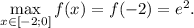 \max\limits_{x\in[-2;0]} f(x)=f(-2)=e^{2}.