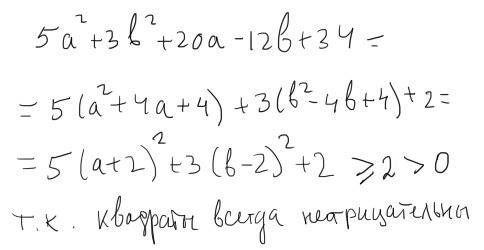 Докажите, что ни при каких значениях a и b выражение 5a2+3b2+20a-12b+34 не может обращаться в нуль