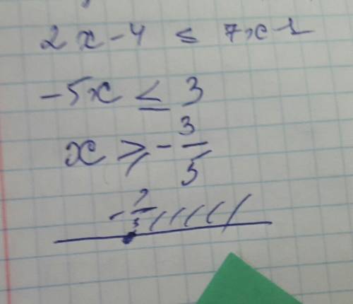 Укажите решение неравенства 2x-4≤7x-1 1) (1; +бесконечность) 2) (-0,6; + бесконечность) 3) (-бесконе