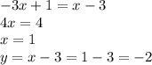 -3x+1=x-3 \\ &#10;4x=4 \\ &#10;x=1 \\ &#10;y=x-3=1-3=-2