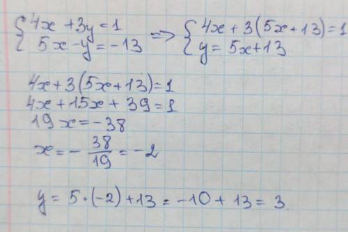 Решить систему уравнений . 4x+3y=1 5x-y=-13 быстрей решите