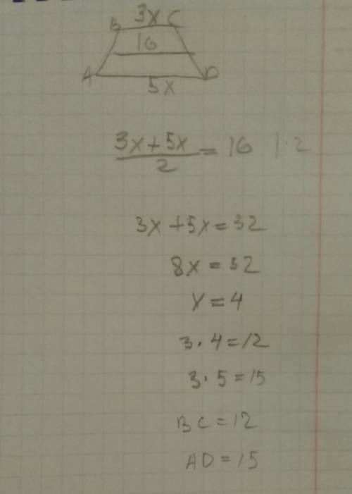 Основания трапеции относятся как 3: 5 , а ее средняя линия равна 16 см. найдите основания трапеции.