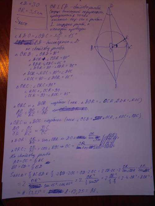 Около окружности радиусом 3,5 см описан ромб острый угол которого 30 градусов найдите площадь ромба