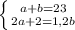 \left \{ {{a+b=23} \atop {2a+2=1,2b}} \right.