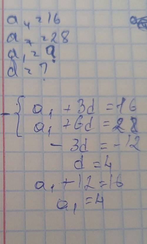 A4=16 a7=28 a1=? ,d=? решите 9класс