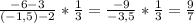 \frac{-6-3}{(-1,5)-2} * \frac{1}{3} = \frac{-9}{-3,5} * \frac{1}{3} = \frac{9}{7}