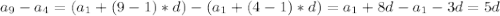 a_9-a_4=(a_1+(9-1)*d)-(a_1+(4-1)*d)=a_1+8d-a_1-3d=5d