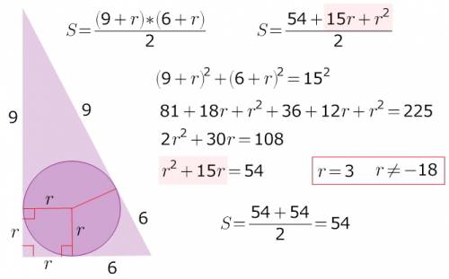 Упрямокутному трикутнику точка дотику вписаного кола ділить гіпотенузу відрізки 9см та 6см. знайти п