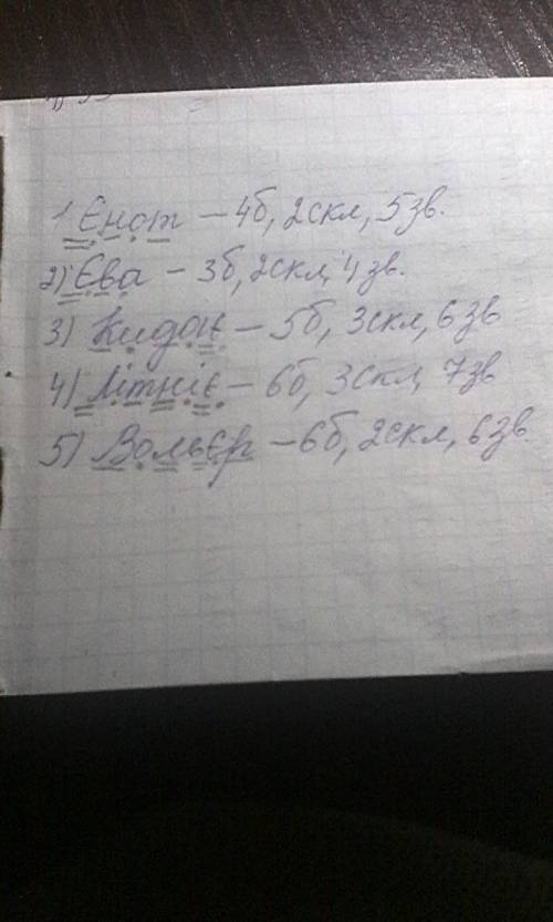 Звуко-буквений анализ слів и складів.єнот,єва,кидає,літнє,вольєр,