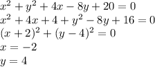 x^2+y^2+4x-8y+20=0\\ x^2+4x+4+y^2-8y+16=0\\ (x+2)^2+(y-4)^2=0\\ x=-2\\ y=4