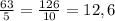 \frac{63}{5} = \frac{126}{10} =12,6