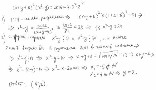 Розв'язати в натуральних числах рівняння)) на перед дякую)) (x + y+ 6)^2 * (x^2 - y) = 2016