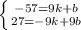 \left \{ {{-57=9k+b} \atop {27=-9k+9b}} \right.