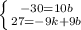 \left \{ {{-30=10b} \atop {27=-9k+9b}} \right.