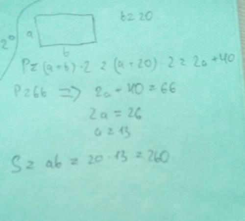 Периметр прямоугольника 66см,а его длина -20см.найди ширину и площадь прямоугольника.