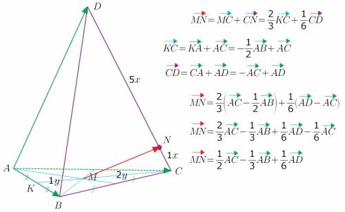 Дан тетраэдр abcd. медианы грани авс пересекаются в точке м, n принадлежит dc, причём dn: nc=5: 1. р