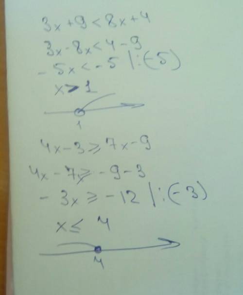 Nрешите систему неравенства: 3х+9 < 8х+4, 4х-3 большеилиравно 7х-9.