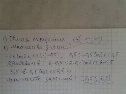 Найдите область определения и множество значений функции y=6-0,5cos3x