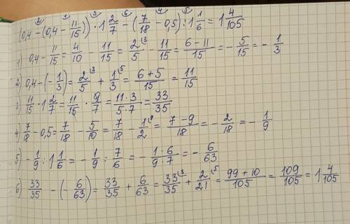 Решить (0,4 - (0,4 - 11/15))×1 целая 2/7 - (7/18 - 0,5) : 1 целая 1/6