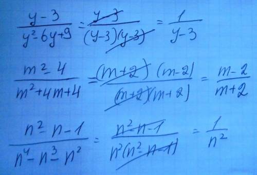Сократить дробь,разложив числитель и знаменатель на множители : y-3/y^2-6y+9 ; m^2-4/m^2+4m+4 ; n^2-