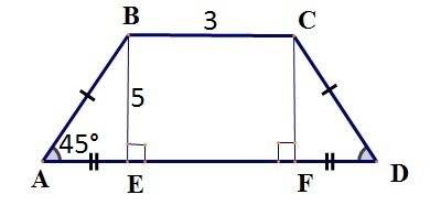 Вравнобедренной трапеции высота 5 см меньшее основание 3 см и угол при основании трапеции 45 градусо