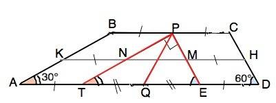 Средняя линия трапеций равна 10, углы при оснований 30° и 60°. отрезок соединяющий середины основани