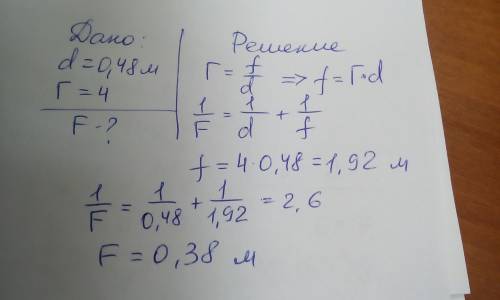 Предмет находится на расстоянии 0.48 м от линзы. она дает увеличение в 4 раза. найти фокусное рассто