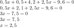 0,5x+0,5*4,2+2,5x-9,6=0 \\ 0,5x+2,1+2,5x-9,6=0\\3x-7,5=0\\3x=7,5\\x=2,5