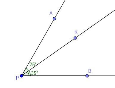 Луч, pk проходит, между стронами, ∠apb, ∠apk =25°,∠kpb 35° найти градусную меру ∠apb