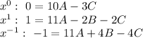 x^0:\,\, 0=10A-3C\\ x^1:\,\, 1=11A-2B-2C\\ x^{-1}:\,\, -1=11A+4B-4C